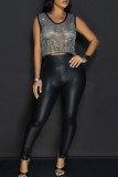 Light Blue Sexy Solid Color Patchwork See-Through Hot Drill Contrast O Neck T-Shirts