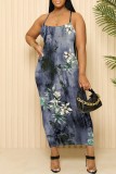 Peacock Blue Sexy Casual Floral Print Backless Spaghetti Strap Long Dresses