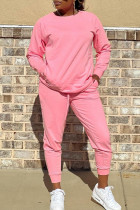 Pink Casual Solid Color Pocket Patchwork O Neck Long Sleeve Two Pieces