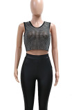 Light Blue Sexy Solid Color Patchwork See-Through Hot Drill Contrast O Neck T-Shirts