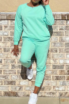 Cyan Casual Solid Color Pocket Patchwork O Neck Long Sleeve Two Pieces