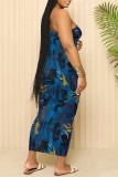 Peacock Blue Sexy Casual Floral Print Backless Spaghetti Strap Long Dresses
