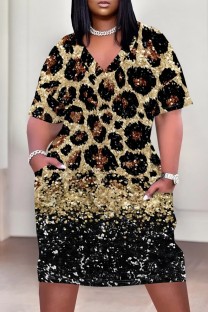 Black Gold Casual Print Pocket V Neck Short Sleeve Plus Size Dresses