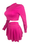 Pink Casual Solid Color Basic O Neck Long Sleeve Two Pieces