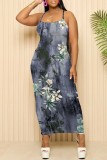 Peacock Blue Sexy Casual Floral Print Backless Spaghetti Strap Long Dresses