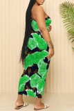 Peacock Blue Sexy Casual Floral Print Backless Spaghetti Strap Long Dresses