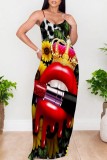 Red Casual Print Backless Spaghetti Strap Long Dresses