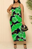Peacock Blue Sexy Casual Floral Print Backless Spaghetti Strap Long Dresses