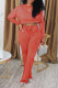 Tangerine Red Casual Tie Dye Print Lace Up O Neck Long Sleeve Two Pieces