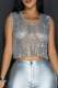 Light Blue Sexy Solid Color Patchwork See-Through Hot Drill Contrast O Neck T-Shirts