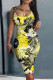 Yellow Casual Floral Print Basic U Neck Vest Dresses