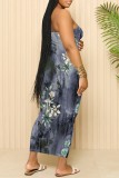 Peacock Blue Sexy Casual Floral Print Backless Spaghetti Strap Long Dresses
