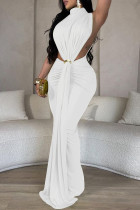White Elegant Solid Color Patchwork Ruched Half A Turtleneck Long Dresses