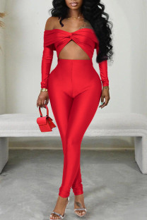 Red Casual Solid Color Patchwork Backless Off Shoulder Skinny Jumpsuits