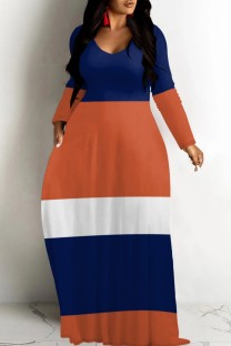 Orange Blue Casual Striped Print V Neck Long Dresses