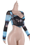 Blue Sexy Print Patchwork Asymmetrical Collar Tops