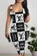 Black White Sexy Letter Print Contrast U Neck Printed Dresses