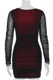Deep Red Sexy Solid Color Patchwork Ruched Mesh U Neck Wrapped Skirt Dresses