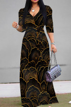 Black Gold Casual Print Patchwork V Neck Long Dresses