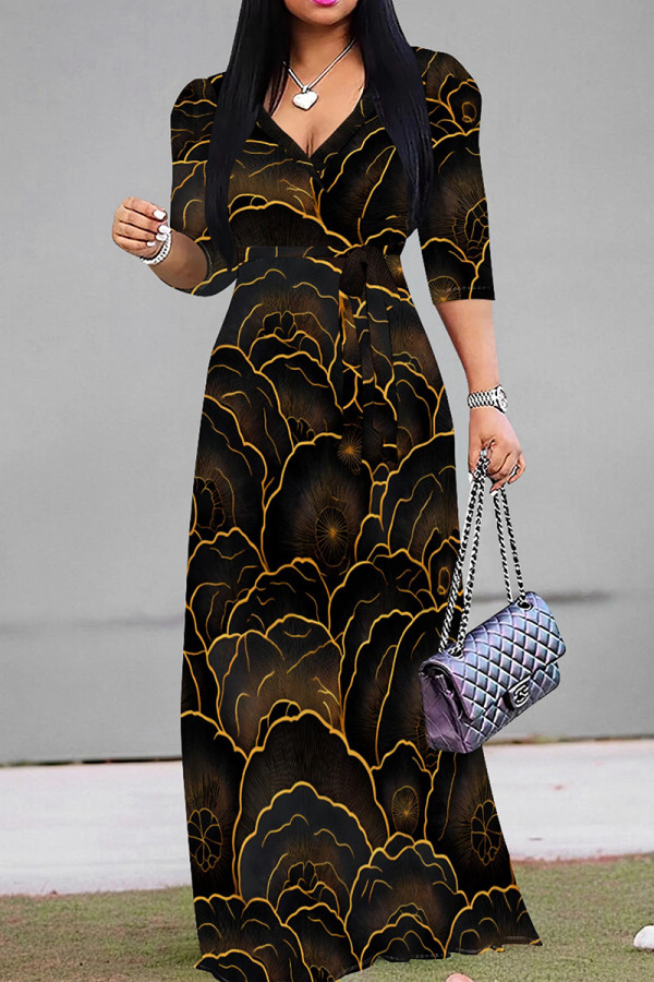 Black Gold Casual Print Patchwork V Neck Long Dresses