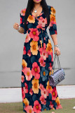 Green Casual Print Patchwork V Neck Long Dresses