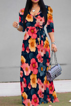 Red Yellow Casual Print Patchwork V Neck Long Dresses