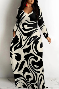 Beige Casual Gradient Print Colorblock Pocket Contrast V Neck Printed Dresses