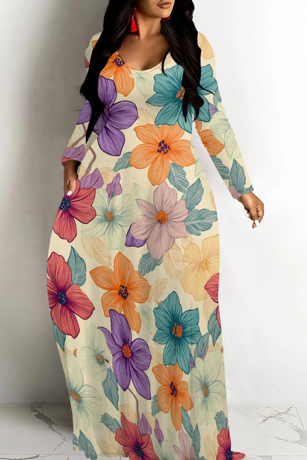 Multicolor Casual Print Patchwork O Neck Long Dresses