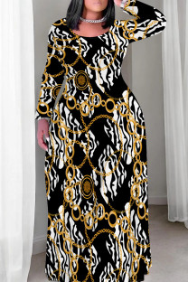 Black And White Casual Print Patchwork O Neck Long Plus Size Dresses