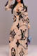 Khaki Casual Letters Patchwork Strap Design V Neck Long Dresses