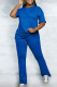 Royal Blue Casual Solid Color Patchwork O Neck Short Sleeve Two Pieces