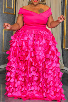 Deep Pink Casual Solid Color Patchwork V Neck Long Plus Size Dresses