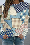 Blue Casual Street Faux Denim Print Contrast O Neck Tops