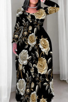 White Gold Casual Print Patchwork O Neck Long Plus Size Dresses