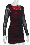 Deep Red Sexy Solid Color Patchwork Ruched Mesh U Neck Wrapped Skirt Dresses