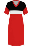 Red Casual Patchwork Pocket Contrast V Neck Long Plus Size Dresses