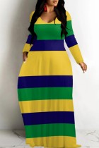 Green Yellow Casual Striped Print V Neck Long Dresses