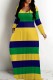 Green Yellow Casual Striped Print V Neck Long Dresses