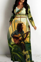 Light Green Casual Print Basic V Neck Long Dresses