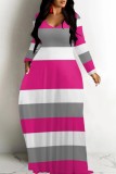 Red Casual Striped Print V Neck Long Dresses