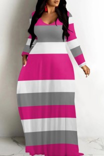 Rose Red Casual Striped Print V Neck Long Dresses