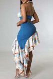Blue Sexy Print Hollow Out Buttons Patchwork Backless Zipper Ruffled Trim Halter Sleeveless Two Pieces