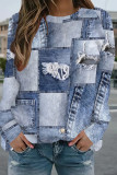 Blue Casual Street Faux Denim Print Contrast O Neck Tops