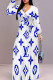 White Blue Casual Letters Patchwork Strap Design V Neck Long Dresses