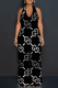 Black Casual Letter Print Backless Contrast Halter Loose Jumpsuits