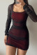 Deep Red Sexy Solid Color Patchwork Ruched Mesh U Neck Wrapped Skirt Dresses