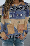 Blue Casual Street Faux Denim Print Contrast O Neck Tops