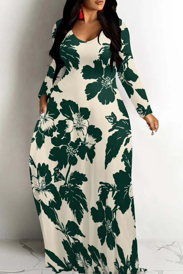 Ink Green Casual Print Patchwork O Neck Long Dresses