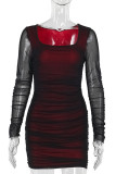 Deep Red Sexy Solid Color Patchwork Ruched Mesh U Neck Wrapped Skirt Dresses