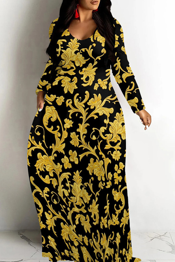 Black Gold Casual Print Patchwork O Neck Long Dresses